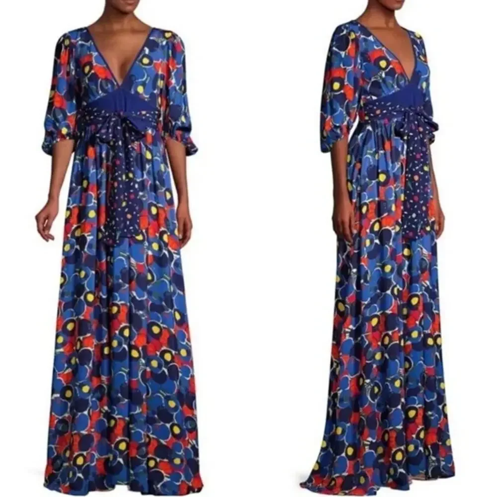 STAUD Affogato Maxi Dress V-Neck Balloon Sleeve Fruit Print Belted, Blue NWT - Picture 3 of 16